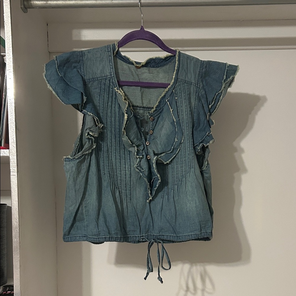 Casual Denim Ruffle Blouse